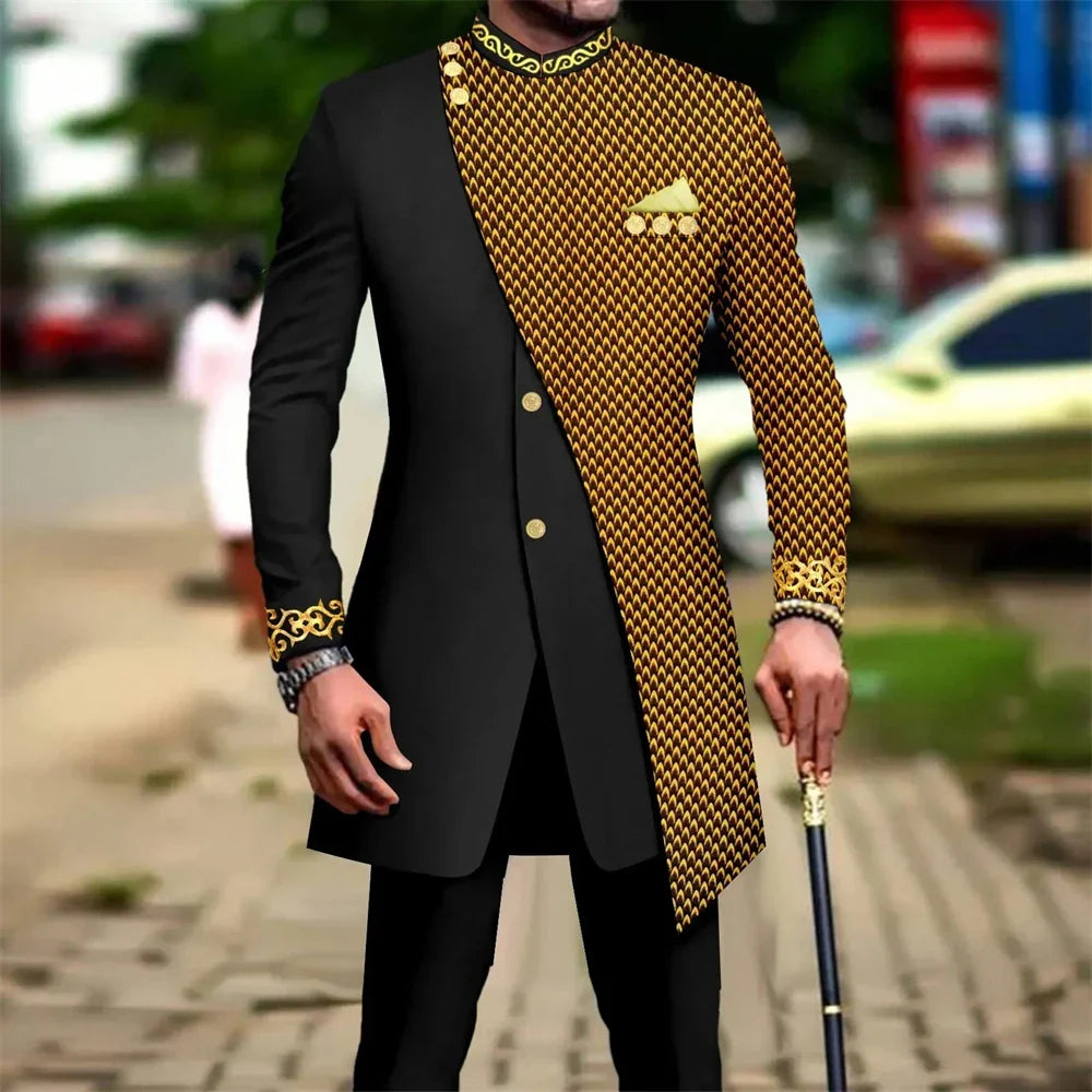 SHOWLU Men's African embroidery print suit, 2-piece wedding blazer set with vibrant traditional embroidery and tailored fit.
