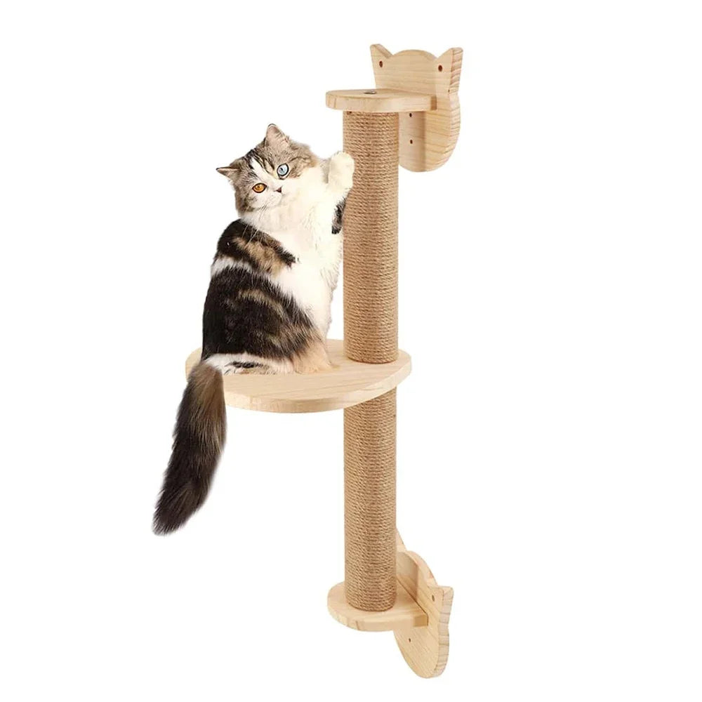 Showlu Wood Wall-Mounted Cat Scratching Post with thick, natural wood structure for kittens, mounted on a wall.