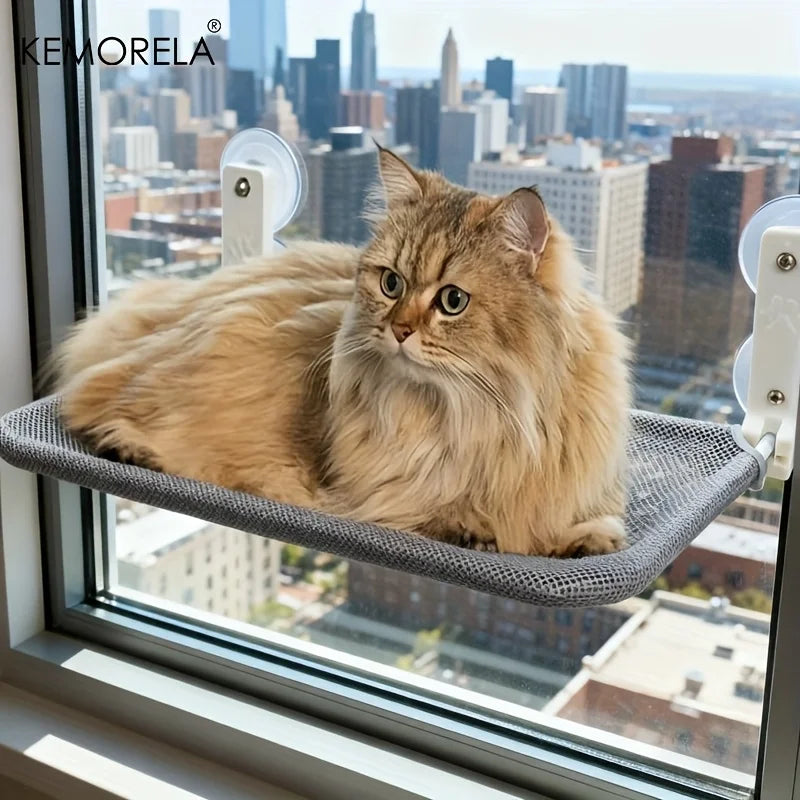 Foldable fiber cat window hammock with strong suction cups from KEMORELA, ideal for cozy feline lounging by the window