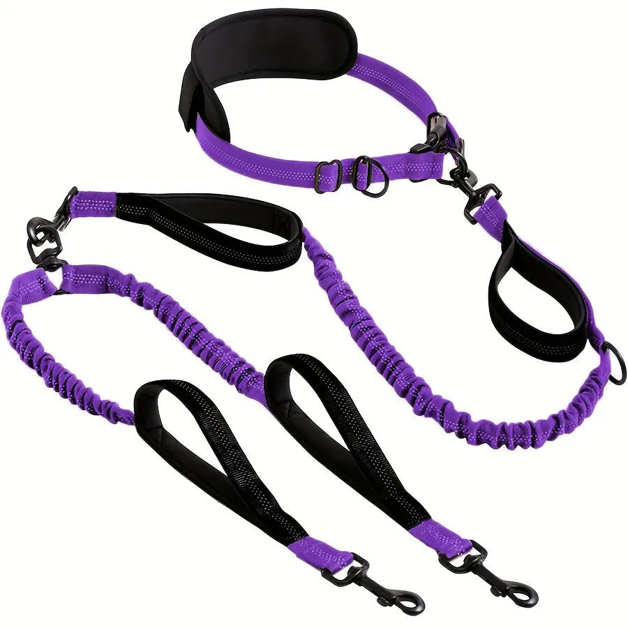Reflective double dog leash by Showlu Fashion Store, hands-free DCLOUD leash for walking two dogs simultaneously.
