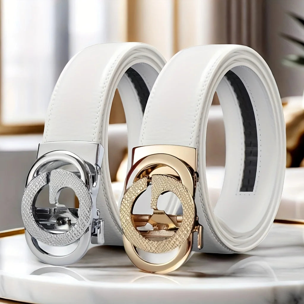 White men's belt with automatic buckle, suitable for business and casual wear, ideal as a gift for husband or father.