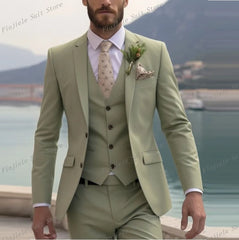 New Beige Business Suit Men Tuxedos Groom Groomsman Prom Wedding Party Formal 3 Piece Set Jacket Vest Pants