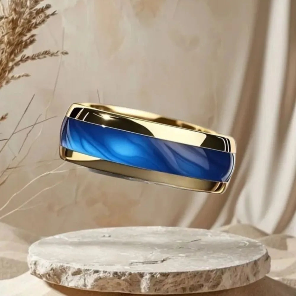 8mm gold sapphire steel ring from Showlu Smart General, personalized engagement and wedding band with a polished finish and engraved details.