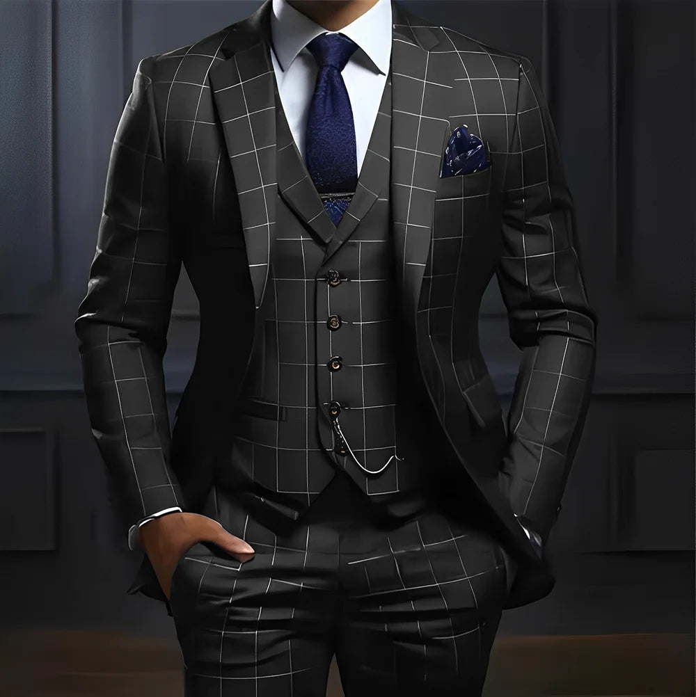 Showlu men's 3-piece plaid suit with slim fit design, ideal for formal weddings and special occasions.