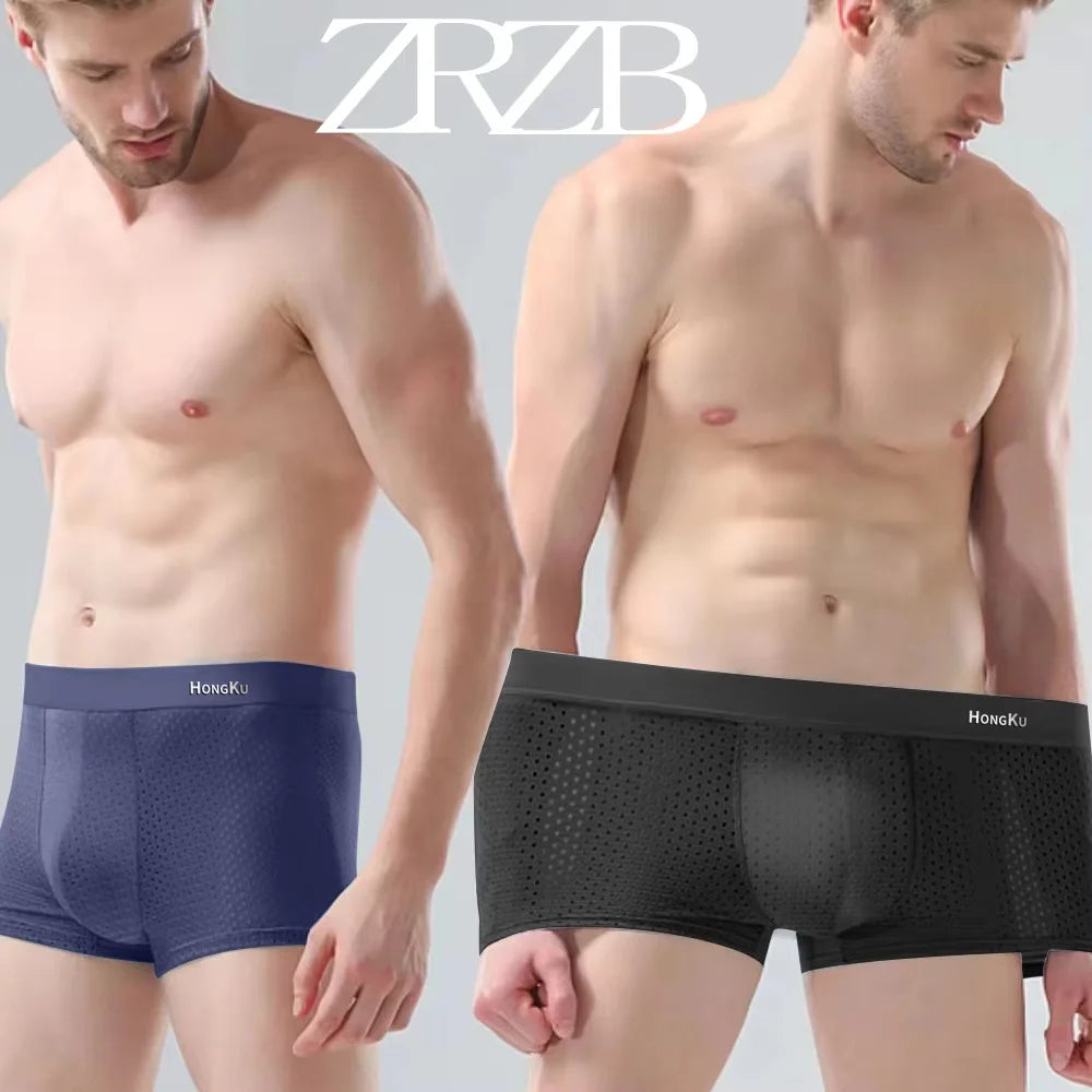 Showlu men's breathable boxer shorts in solid polyester spandex, close-up of comfortable underwear with elastic waistband.