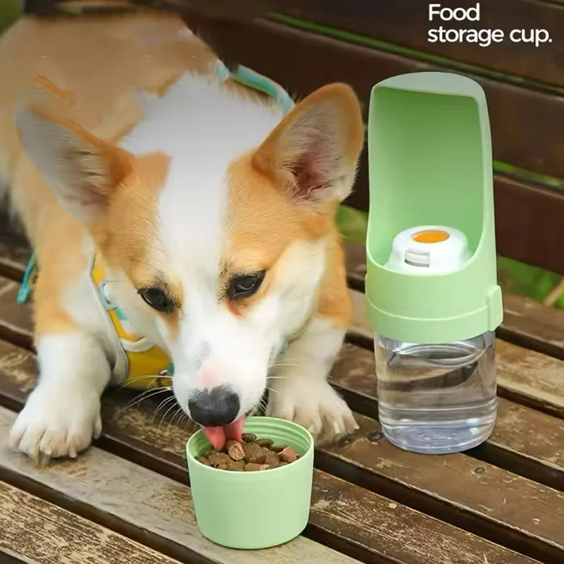 Showlu 2-in-1 portable pet water bottle and food container, 500ml, with a compact design for travel and outdoor use.