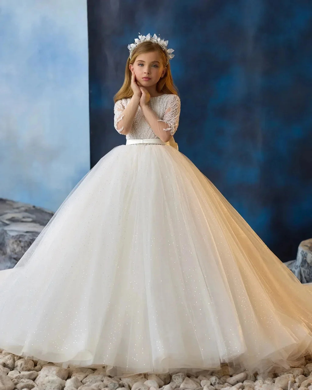 Showlu Smart Princess flower girl dress with full sleeves, beaded bow, tulle fabric, floor length for weddings and parties.