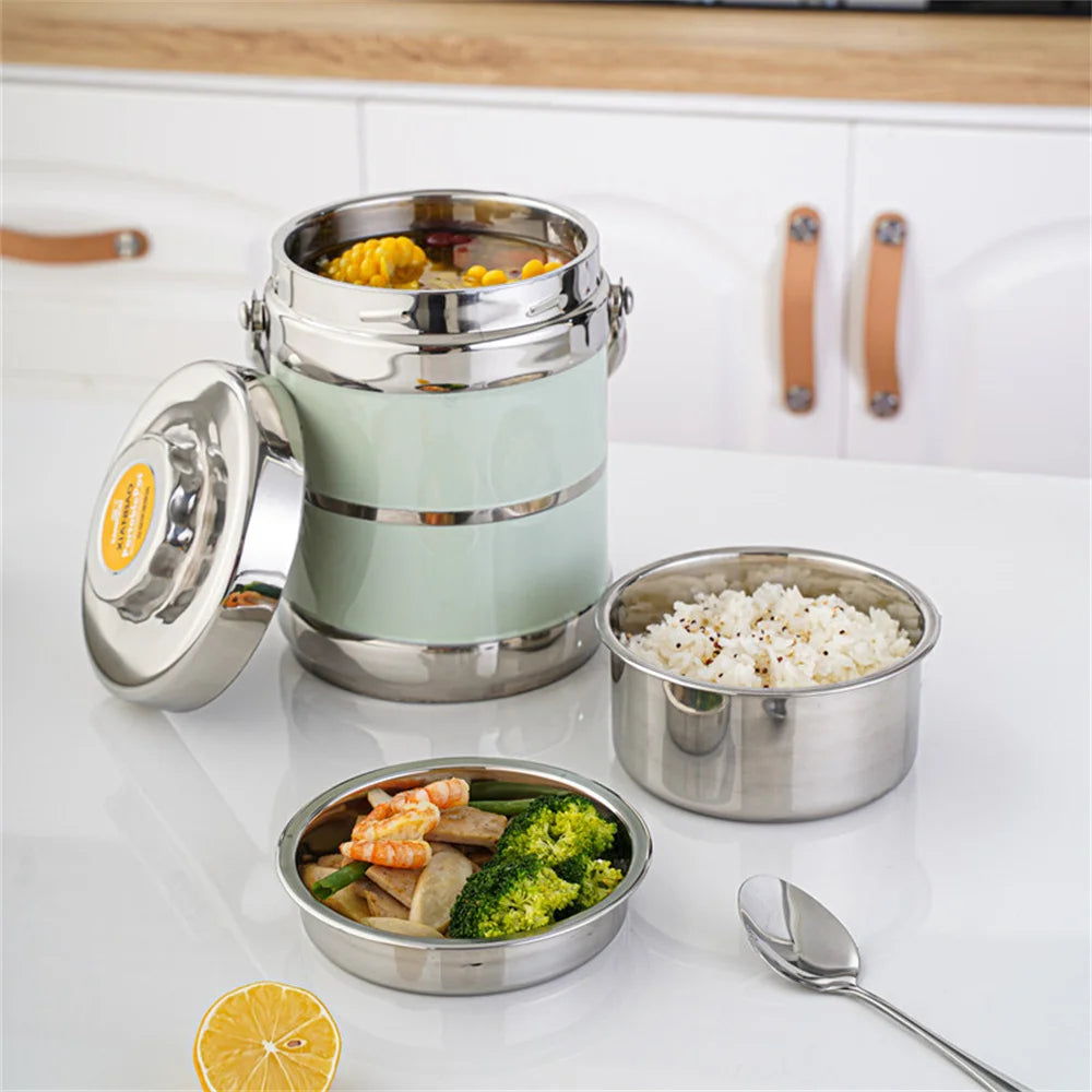 Thickened stainless steel insulated lunch box with 1400ML capacity, portable durable food container for adults and kids.