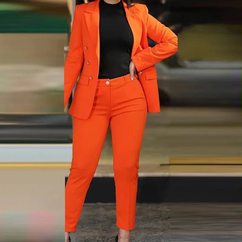 Navel orange women's slim fit pant suit featuring a solid cardigan and pencil pants, stylish business casual outfit by SHOWLU FASHION STORE