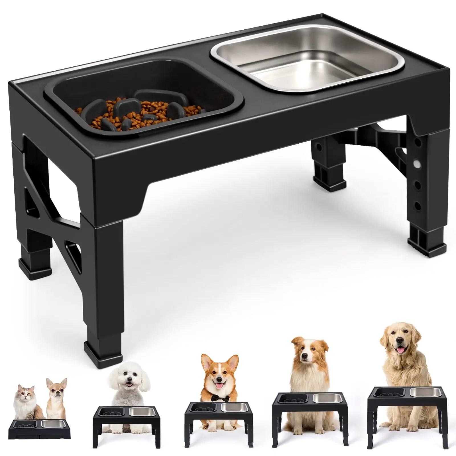 Two-in-one elevated slow feeder dog bowls with non-slip stainless steel and plastic, featuring a foldable stand for easy feeding.