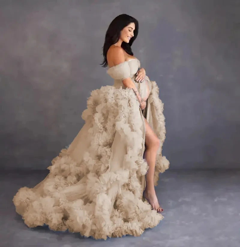 Deep V-neck lace maternity dress with tulle, long sleeves, feather details, suitable for photo shoots, by Showlu Fashion.
