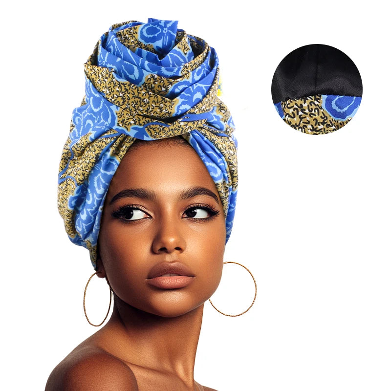 African satin-lined turban cap with floral print, large flower design, headwrap bonnet for women, Muslim headscarf, beanie style