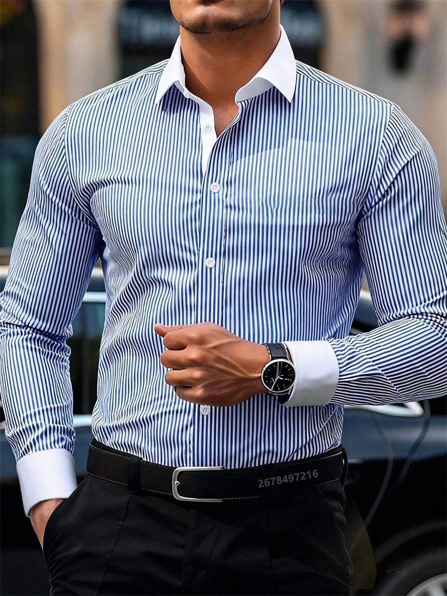 Men's striped business casual long-sleeved shirt with lapel and contrasting color splicing, stylish men's casual top by Showlu Fashion.