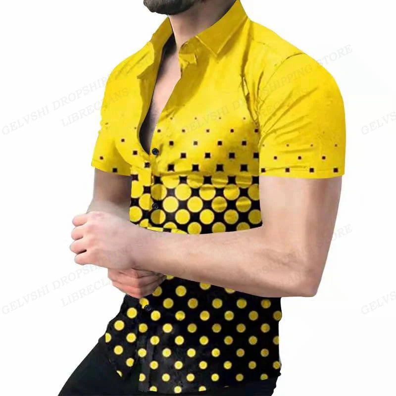 Showlu Men's geometric 3D print Hawaiian shirt with short sleeves and vibrant tropical pattern, casual Cuba blouse style.