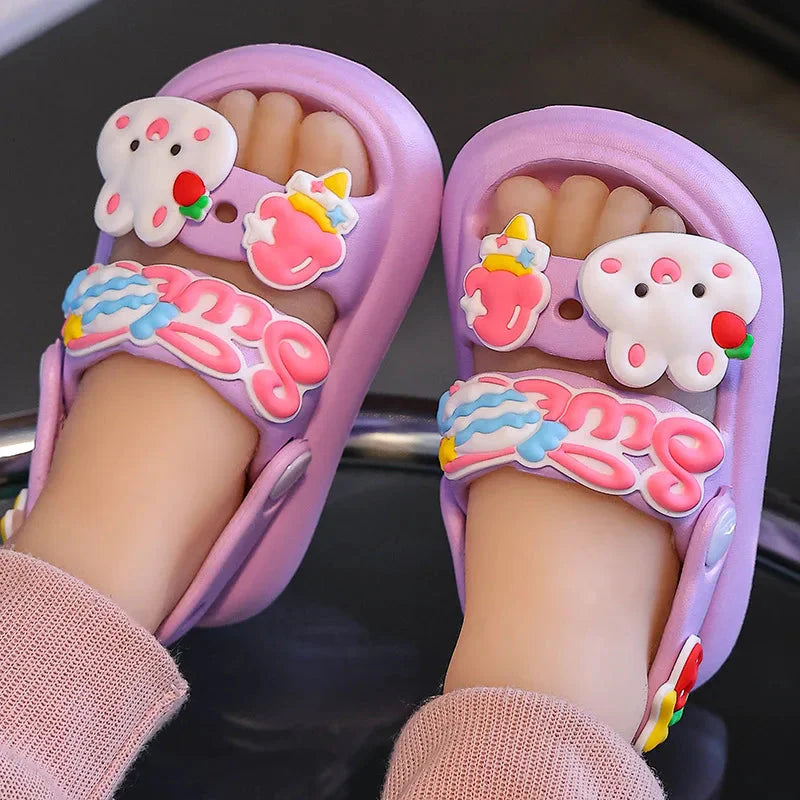 Kids cartoon rabbit sandals with non-slip soft sole, colorful beach shoes for children by Shijunyi, perfect for summer play.