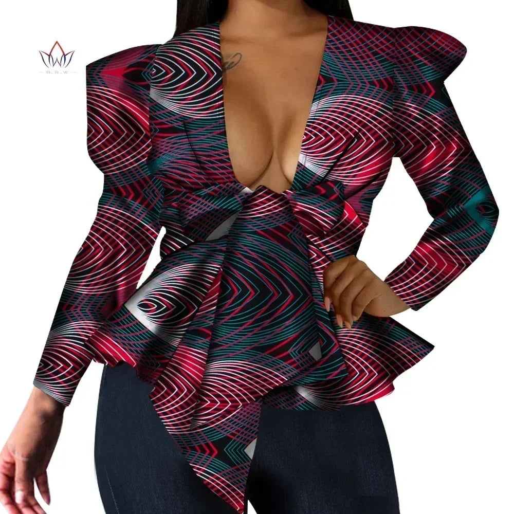 African print women's dashiki top by SHOWLU FASHION STORE, V-neck long sleeve cotton blouse with vibrant African pattern.