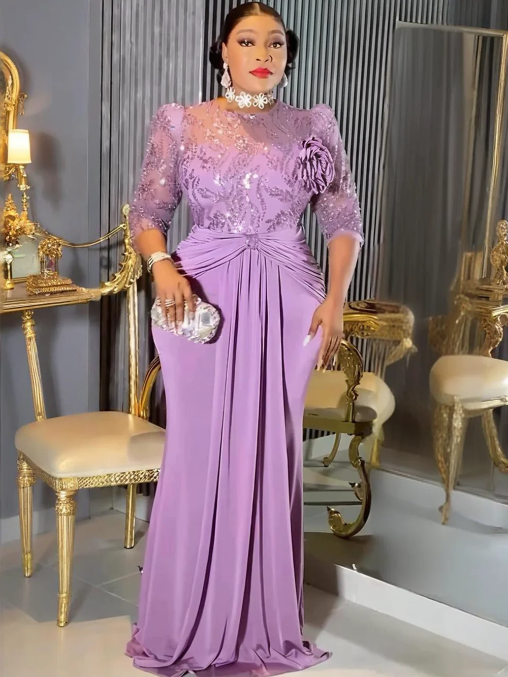 Plus size African party dress by Showlu Fashion, sequin long bodycon gown with dashiki design for elegant Muslim wedding or evening event