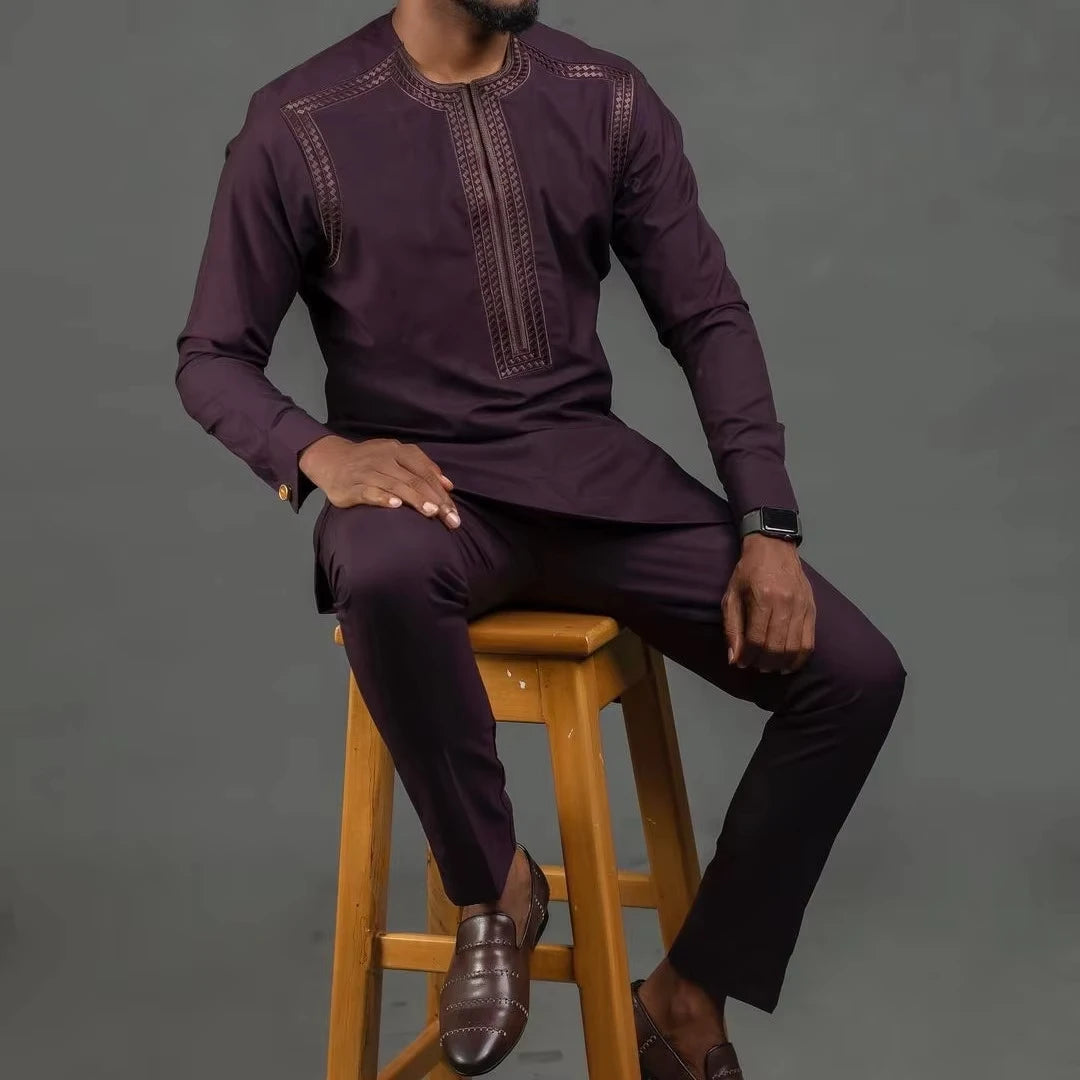 New In African Summer Business Men's Short Sleeve Suit Embroidery Dashiki Shirt Pants Sets 2 Pieces Outfits Wedding Party 2025