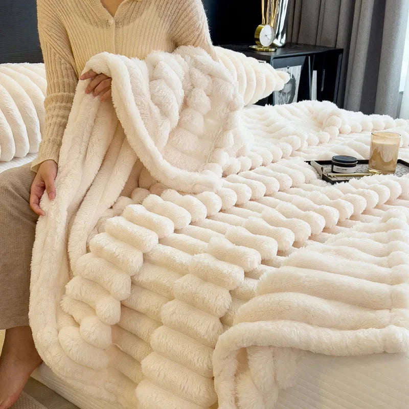 Soft, solid color MINISO thickened flannel rabbit plush blanket from SHOWLU FASHION STORE, perfect for warm beds and cozy comfort.