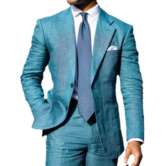 Blue Linen Single Breasted Men Suit Two Pieces(Jacket+Pants) Outfits Casual Party Prom Wedding Set