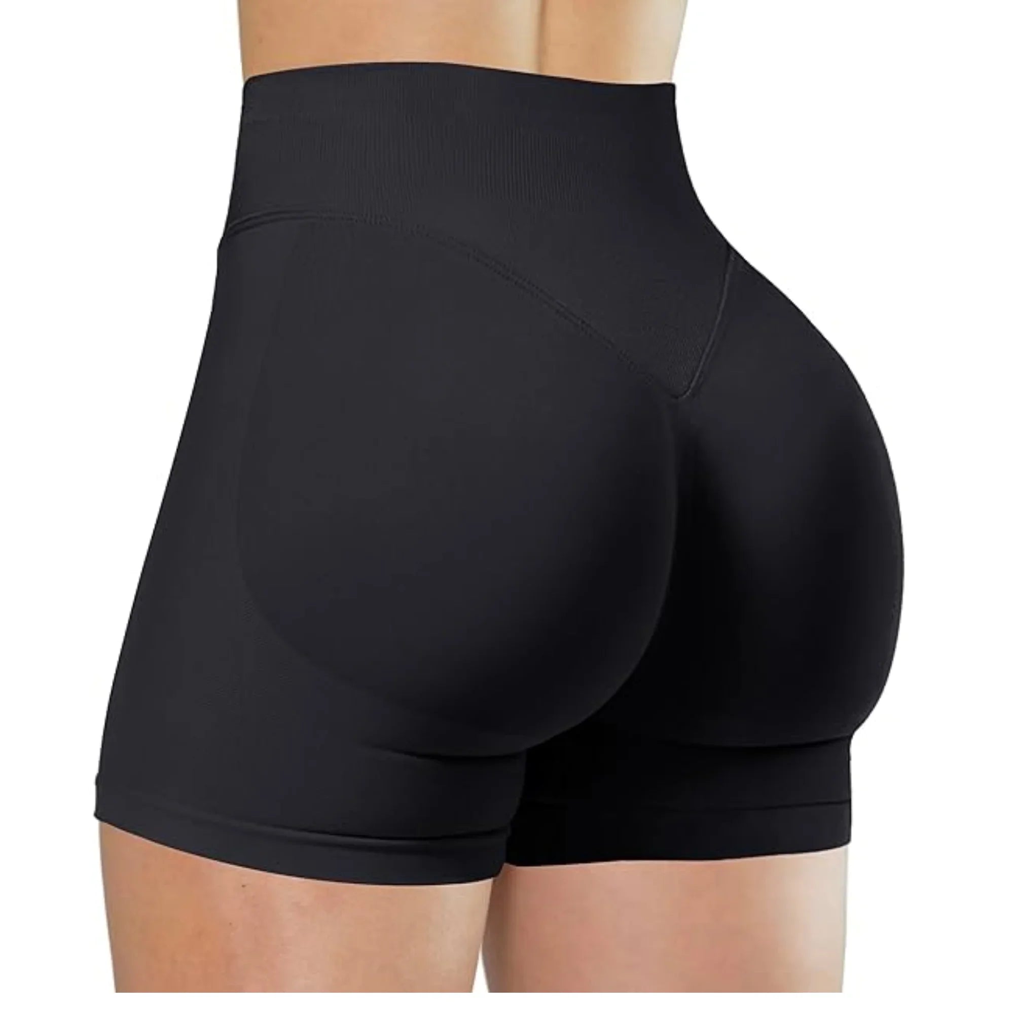 Women's high-waisted nylon spandex yoga shorts by MEHEOL, suitable for running and active wear, in black fabric.