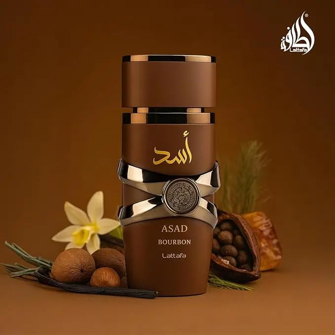 Unisex Lattafa Asad Bourbon Eau De Parfum 100ml bottle with elegant design, Arabian fragrance, suitable for both men and women.