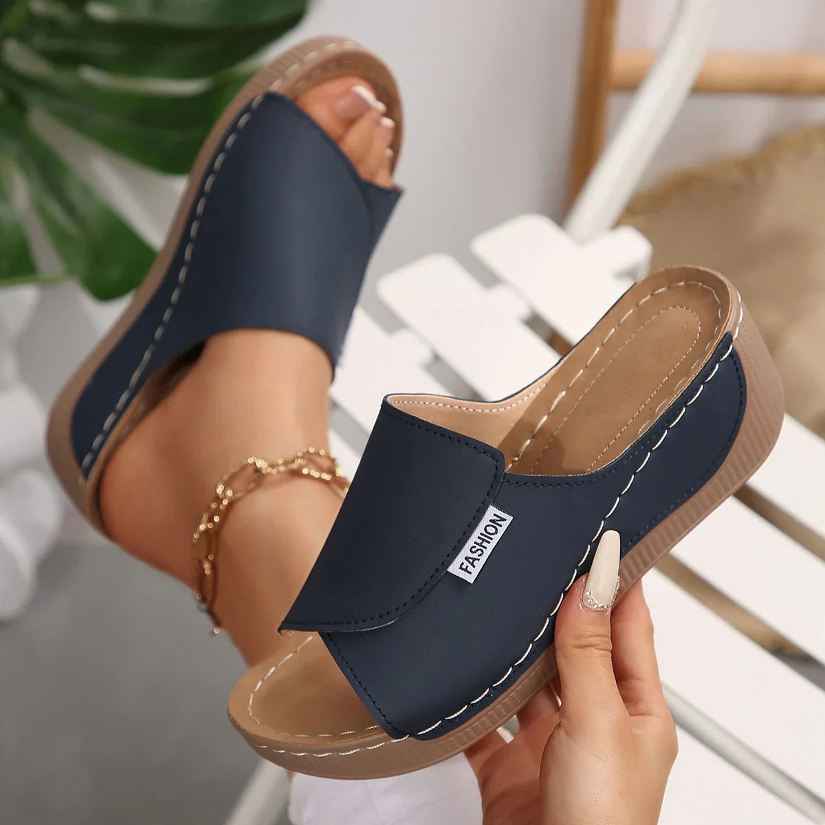 JakobFors women's wedge slippers with open toe design and buckle, summer sandals in neutral color for casual wear