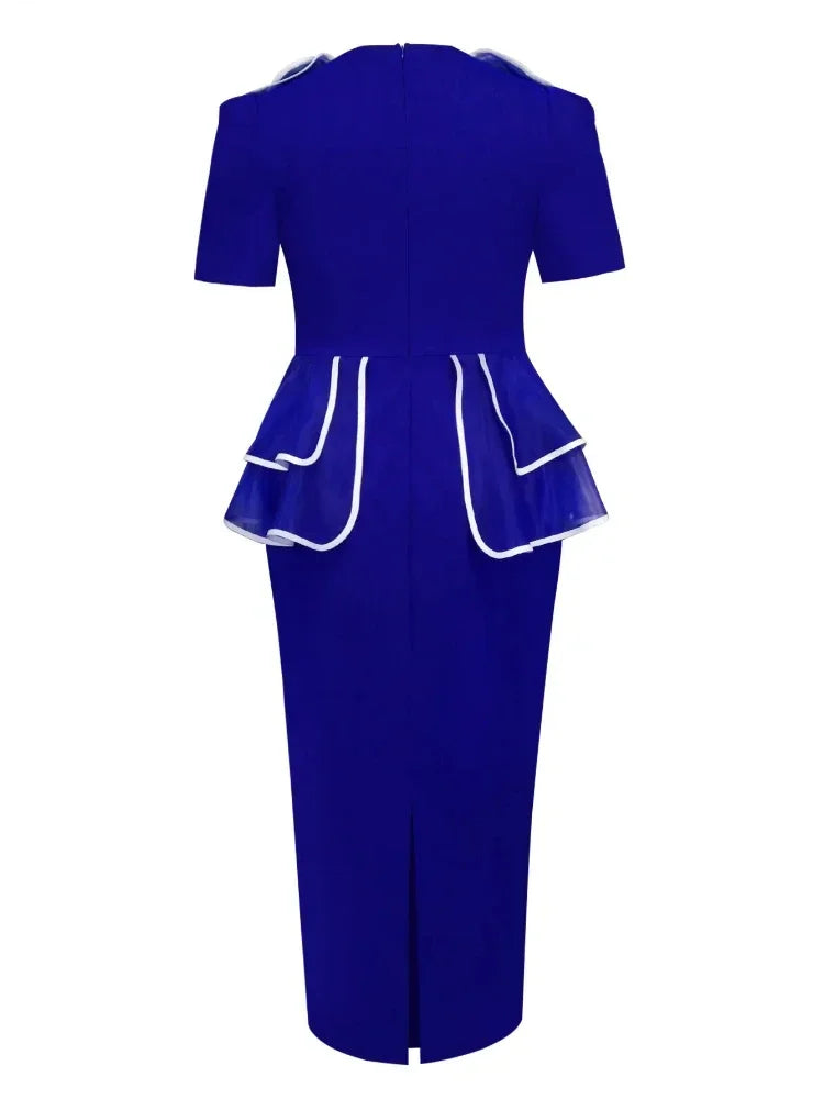 African summer dress for women by Showlu Fashion featuring short sleeves, V-neck, slim fit, polyester fabric, suitable for office or party.