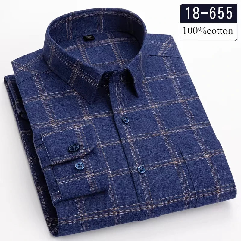 Showlu Fashion men's long-sleeve brushed cotton slim fit plaid formal shirt with soft, casual striped design.
