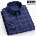 Showlu Fashion men's long-sleeve brushed cotton slim fit plaid formal shirt with soft, casual striped design.