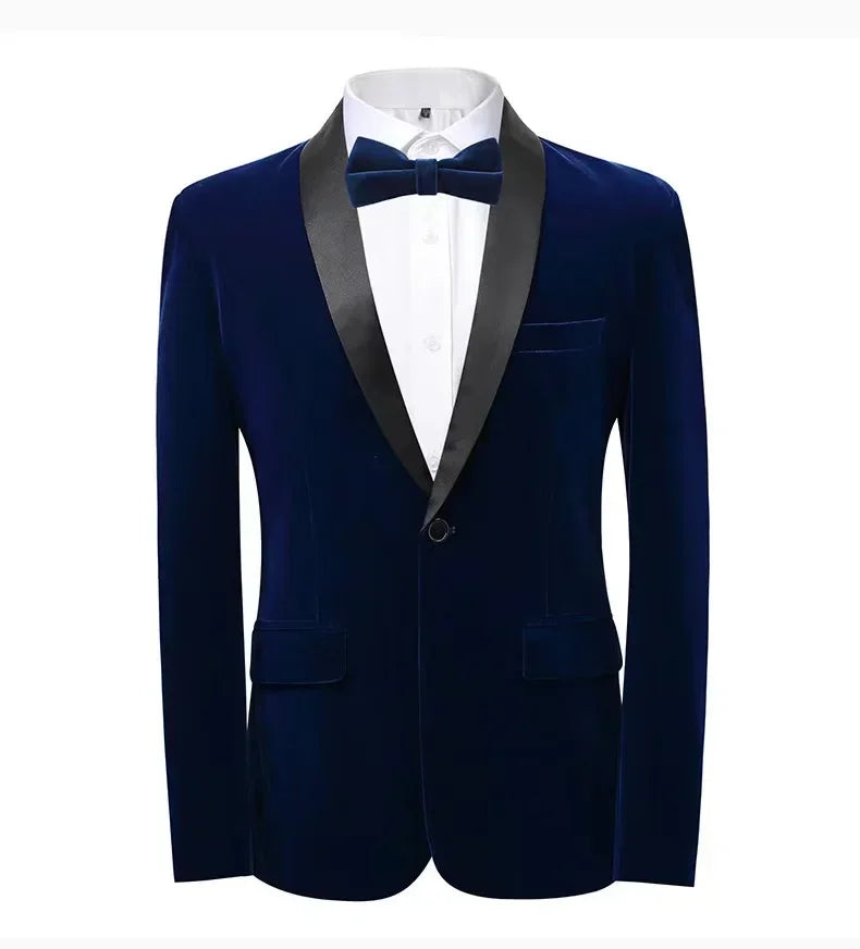 Men's velvet slim fit tuxedo by Showlu Fashion, 2-piece suit set featuring classic black velvet jacket and matching trousers.