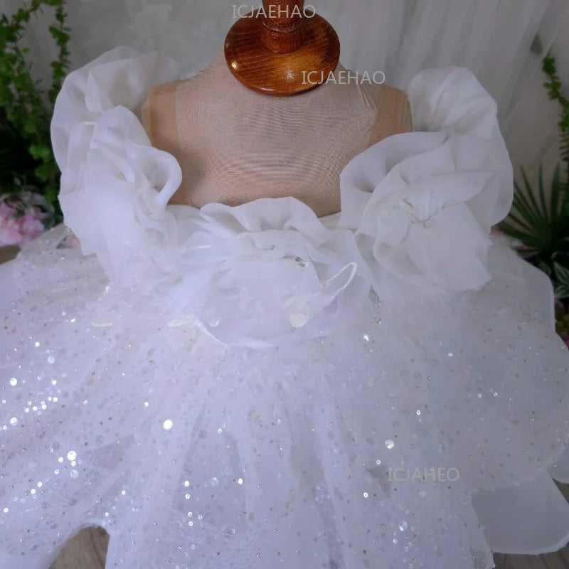 New Kids Girls Princess Dress Children Fashion Sleeveless White Off Shoulder 3D Floral Tulle Gown Baby First Birthday Costume