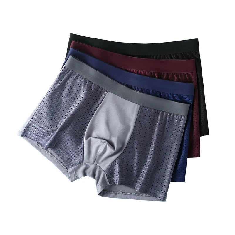 Men's ice silk boxer shorts by Showlu Fashion Store, breathable mesh underwear in a 4-pack, featuring lightweight, comfortable design.
