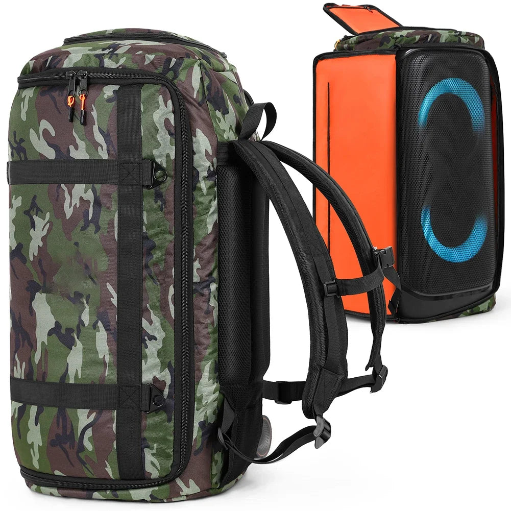 Portable black travel case for JBL Partybox Stage 320 speaker, designed for easy transportation and protection.