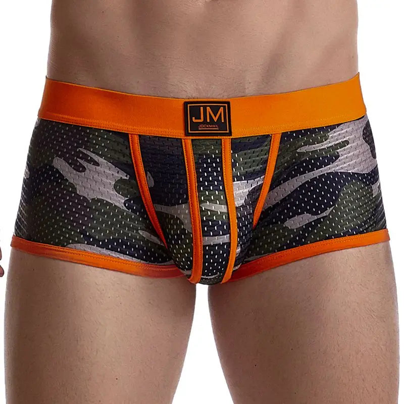 Men's mesh camouflage boxer briefs by JOCKMAIL, nylon pouch underwear with comfortable fit and breathable fabric.