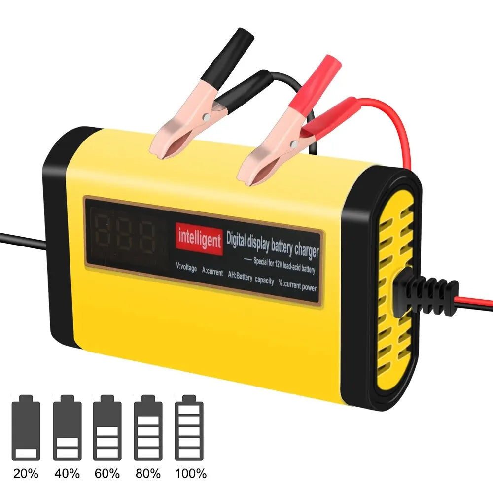 Showlu 3-Stage Automatic Car Battery Charger with digital LCD display, compact design and easy-to-read control panel.