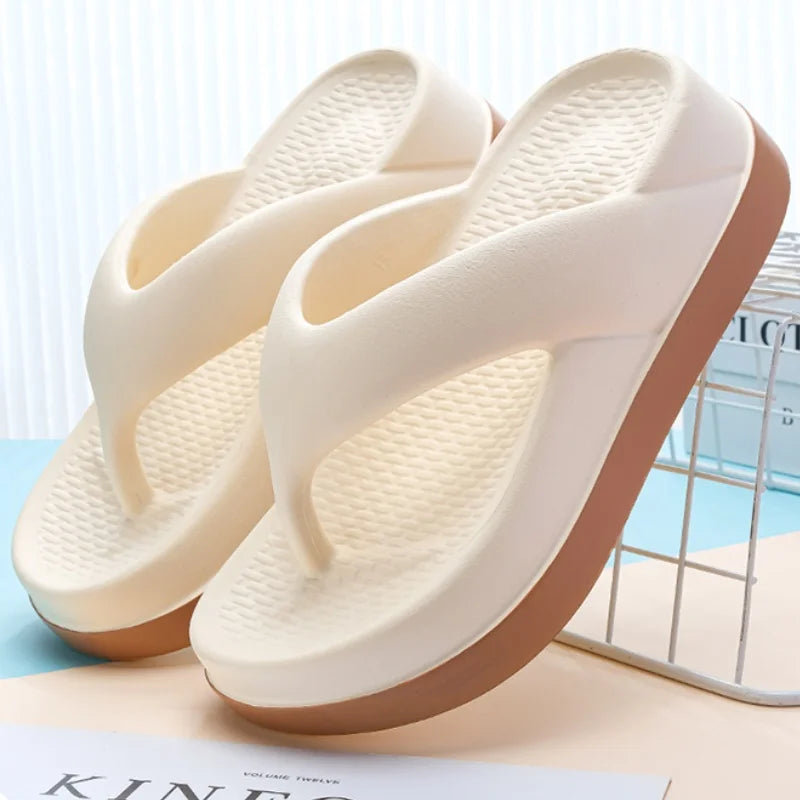 SHOWLU Women's platform flip flops with non-slip soles, casual summer sandals in beige with cushioned straps and chunky heel
