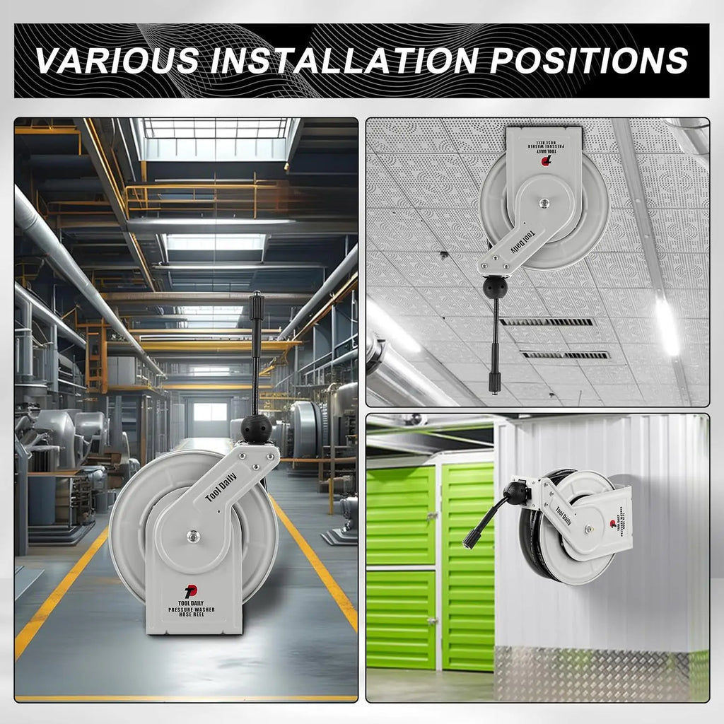 Showlu Smart General pressure washer hose reel mounted on wall with coiled hose ready for outdoor cleaning use.
