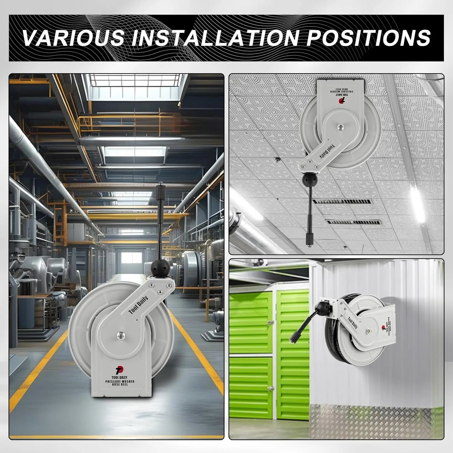 Showlu Smart General pressure washer hose reel mounted on wall with coiled hose ready for outdoor cleaning use.