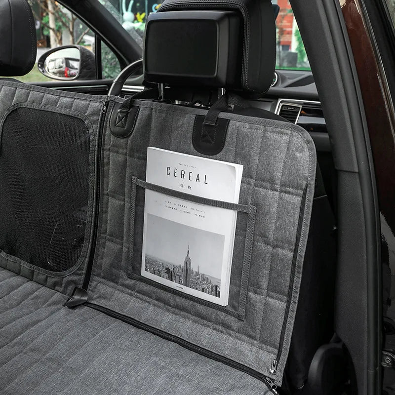Showlu Waterproof Dog Car Seat Cover in plaid nylon, designed as a pet travel hammock for car seats, with secure side flaps.