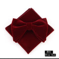 Showlu Fashion men's velvet bowtie, handkerchief, and pocket square set for weddings, featuring a large bow and custom logo detail.
