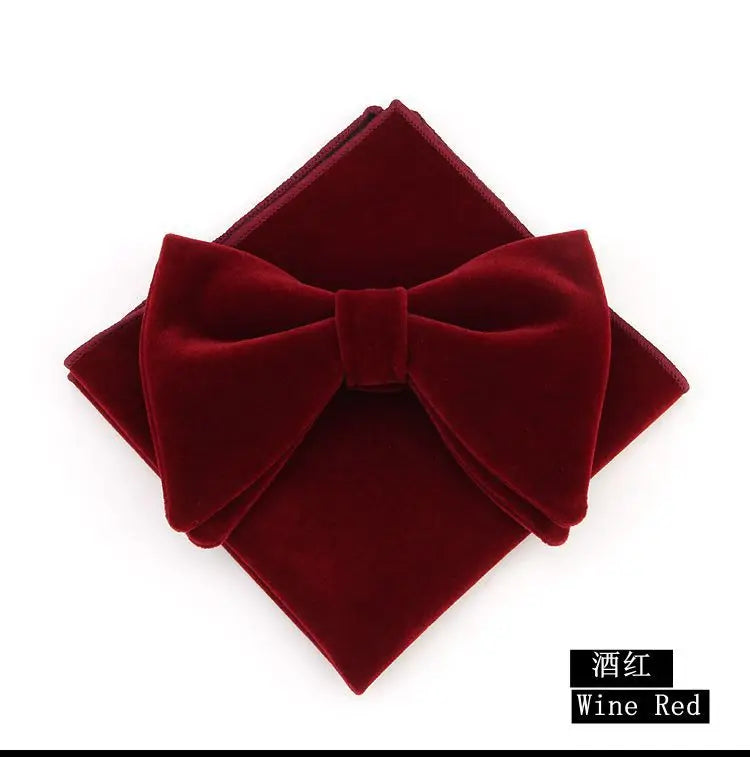 Showlu Fashion men's velvet bowtie, handkerchief, and pocket square set for weddings, featuring a large bow and custom logo detail.