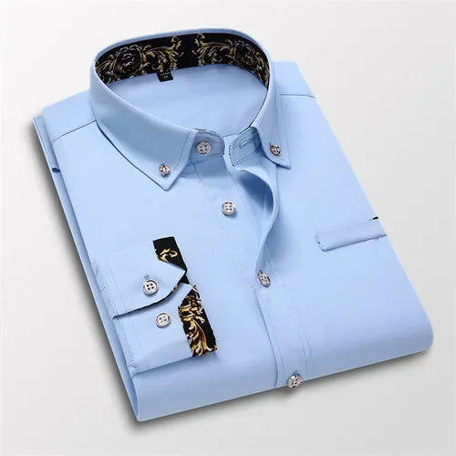 White men's casual long-sleeve cotton dress shirt, stylish and soft, suitable for social business or wedding occasions.
