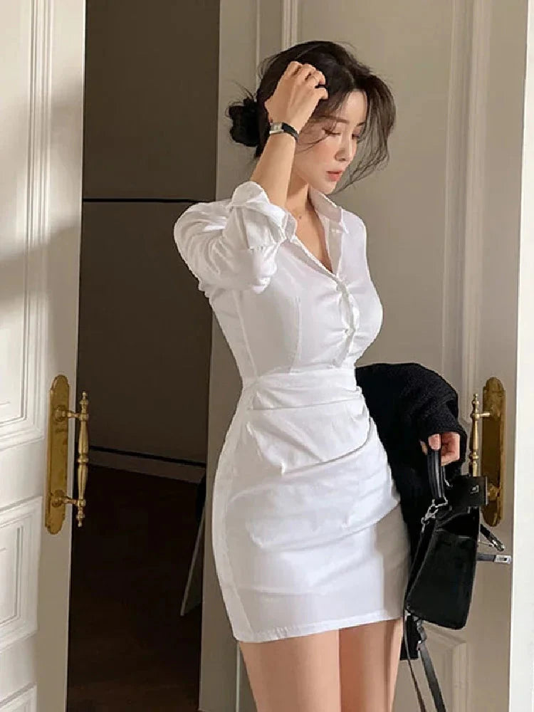 White mini shirt dress for women by SHOWLU FASHION STORE, slim fit long sleeve A-line style, perfect for casual or office wear.