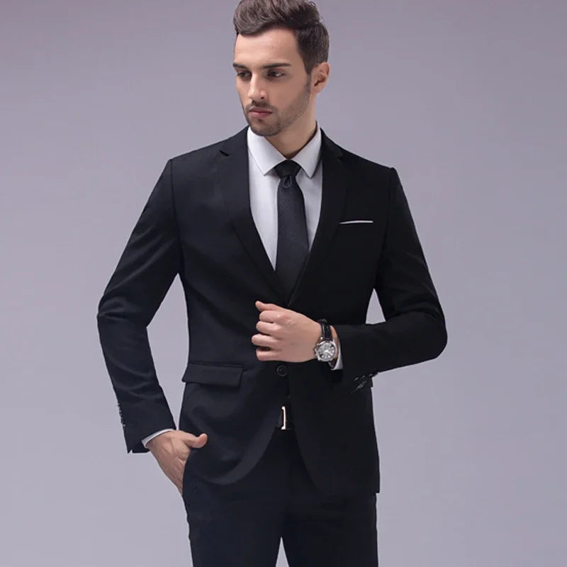 Solid color men's blazer and trousers set, casual and office business suit, suitable for formal events and weddings.