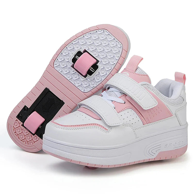 Kids' white roller skates with two wheels and chunky skateboard-style design by Jlmoito, perfect for young skaters.