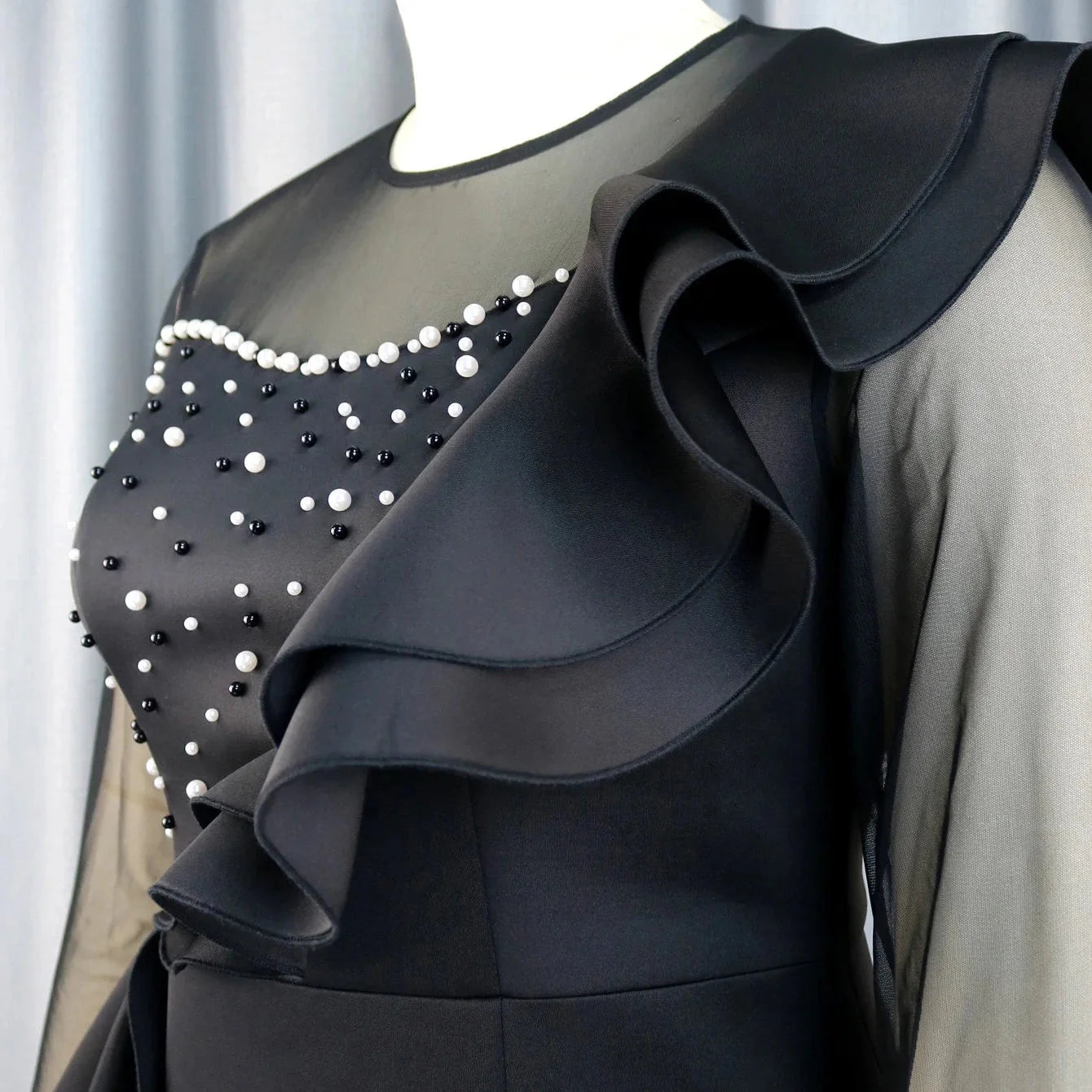 Beaded ruffle sheath dress by Showlu Fashion Store, luxury mid-calf party robe with intricate bead details and elegant design.