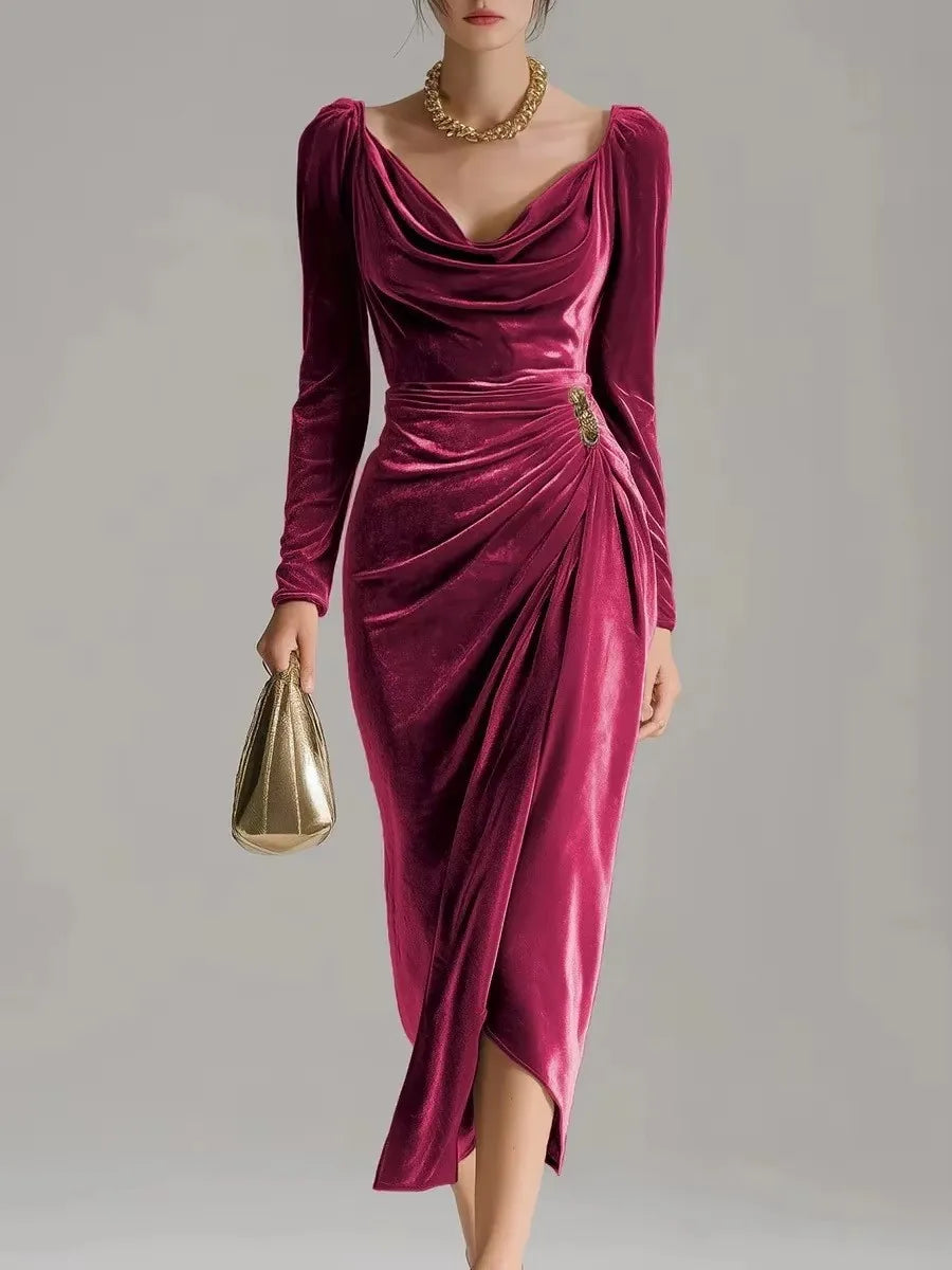 Showlu Women's velvet V-neck bodycon dress with slim fit, pleated A-line design, perfect for elegant occasions.