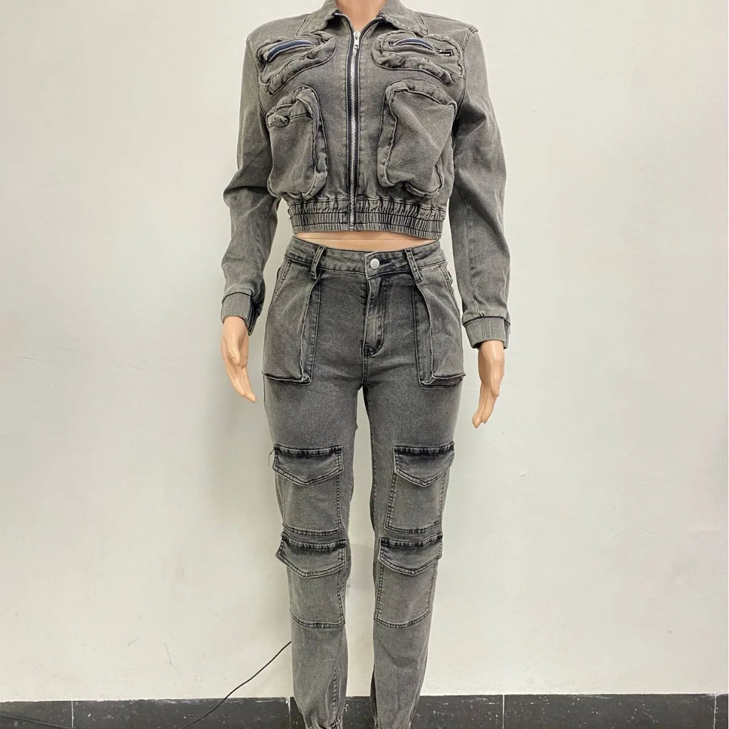 Women’s denim pant set featuring a long sleeve zipper tracksuit, cargo ankle pants, and spliced slim fit design in high street style.