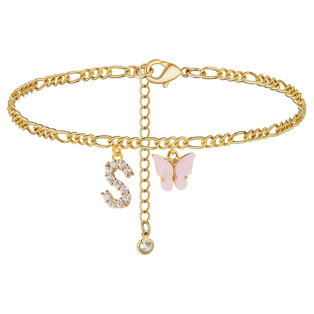 Stainless steel letter anklet with butterfly design for women, featuring A-Z initials, waterproof jewelry, trendy leg chain accessory